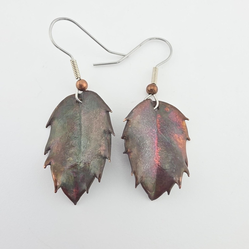 Vintage Copper Leaf Earrings Warm Flame Patina Dangle Drop Silver Tone Hooks